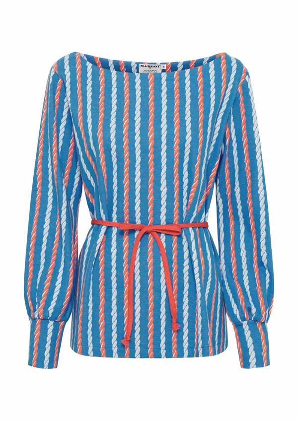 Blå langærmet bluse med orange og beige print fra MARGOT